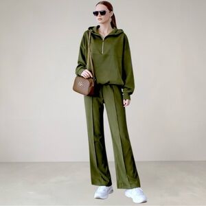 New Olive Green Relaxed Hoodie & Wide-Leg Pants Set